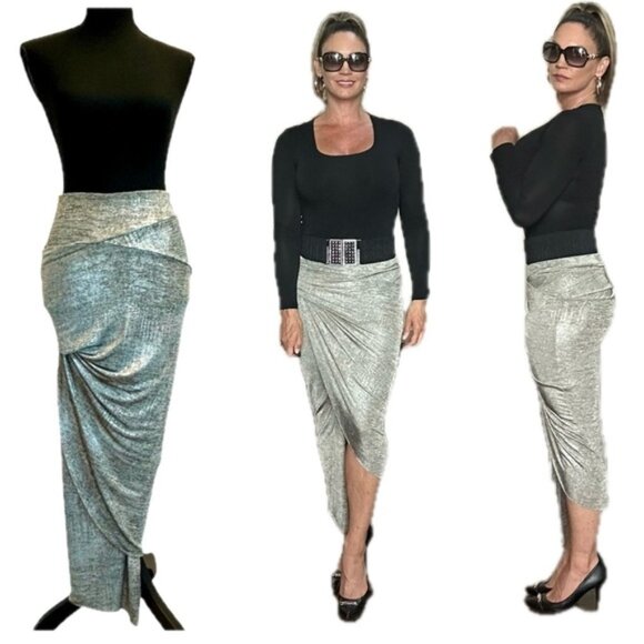 Dresses & Skirts - Sirens metallic silver taupe brown draped asymmetrical mermaid bodycon skirt